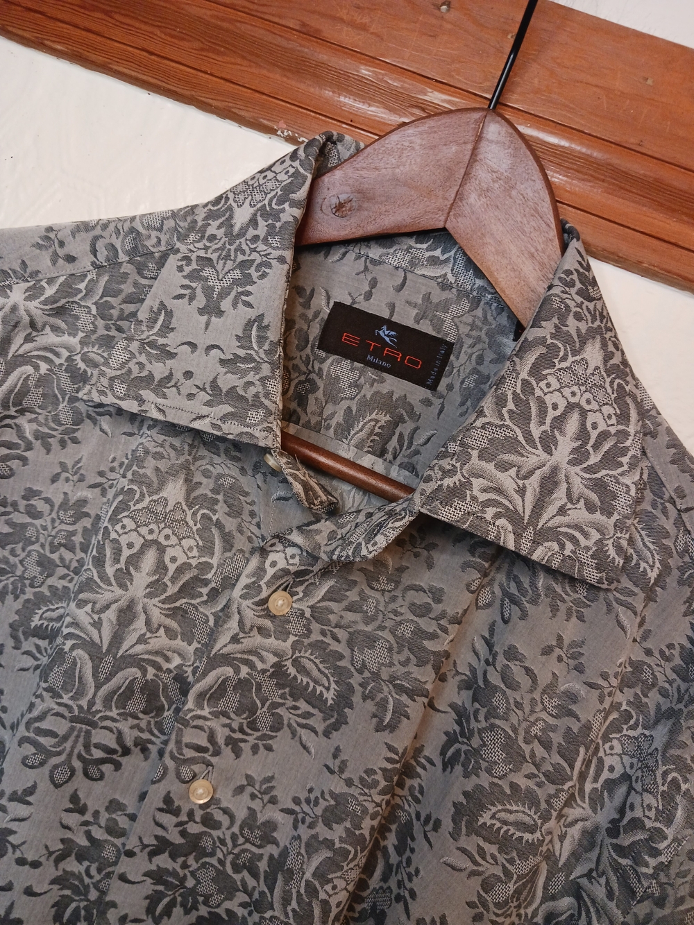 Etro Milano Mens Shirt Size 43 Gray Floral Jacquard Made in Italy